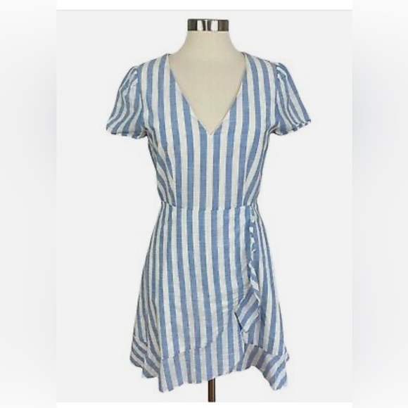 J. Crew Dresses & Skirts - J. Crew Striped Short Sleeve A-Line Faux Wrap Dress Cotton Blue White Size 12